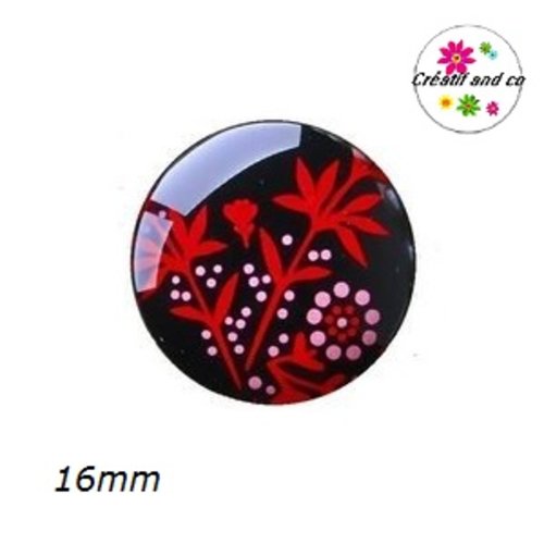 X2 cabochons fleurs rouges fond noir 16mm