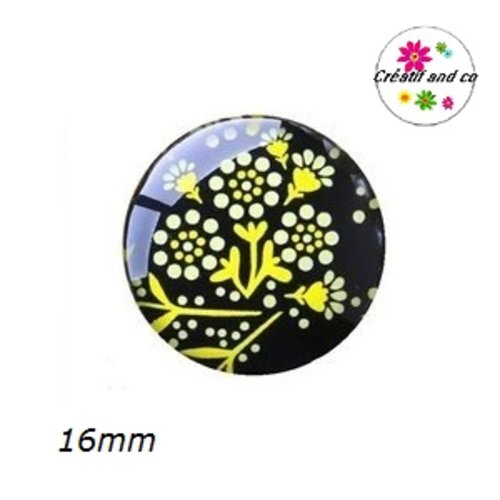 X2 cabochons fleurs jaunes fond noir 16mm