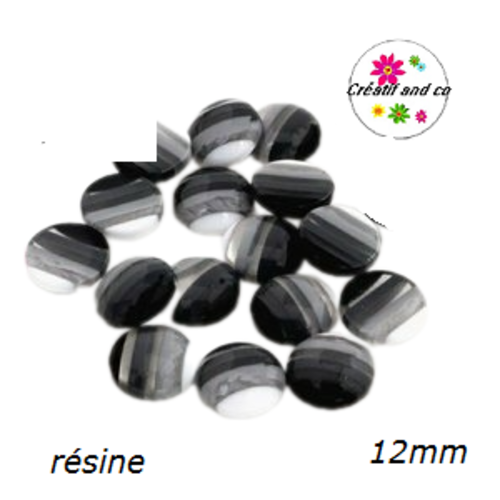 X2 cabochons rayés noir/blanc/gris translucide résine 12mm