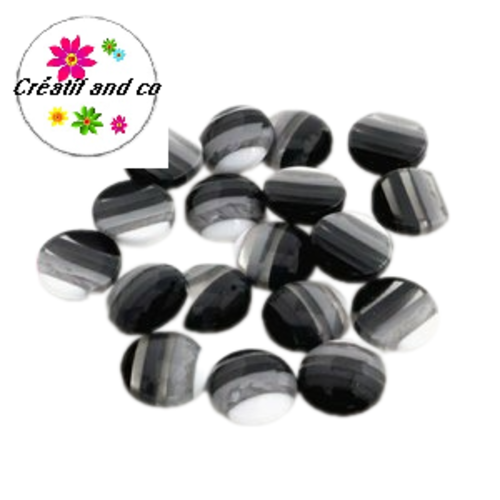 X2 cabochons rayés noir/blanc/gris translucide résine 12mm