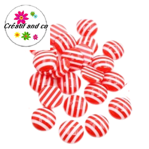 X2 cabochons rayés rouge/blanc résine 12mm