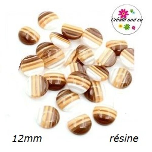 X2 cabochons rayés ton marron/blanc translucide résine 12mm