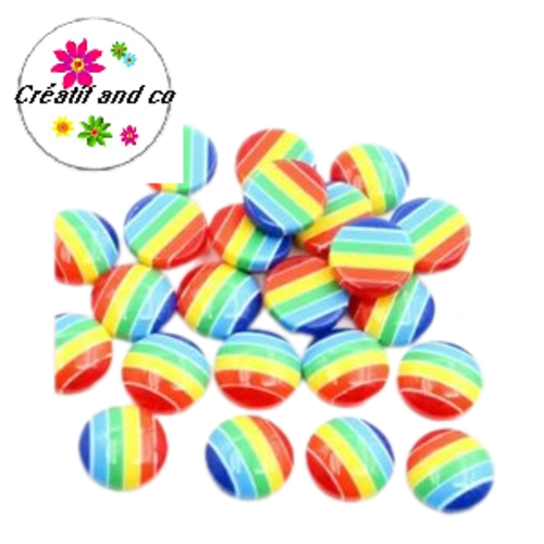 X2 cabochons rayés multicouleurs résine 12mm