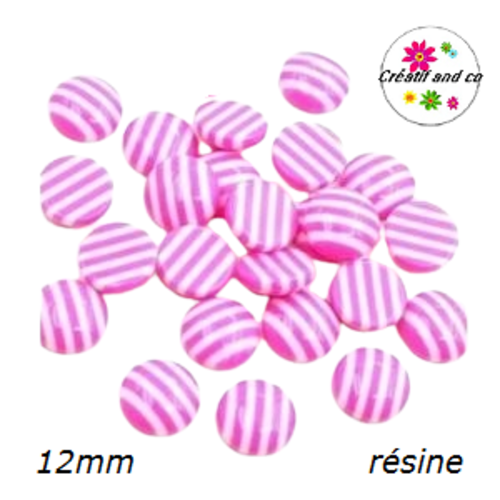 X2 cabochons rayés fuchsias/blancs résine 12mm