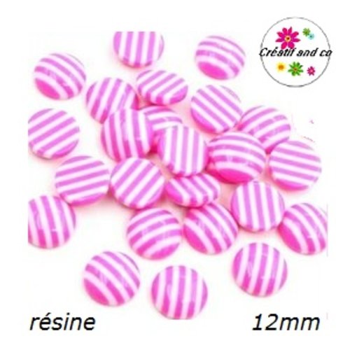 X2 cabochons rayés fuchsia/blanc résine 12mm