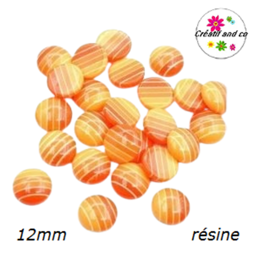 X2 cabochons rayés tons orangés/blancs translucides résine 12mm