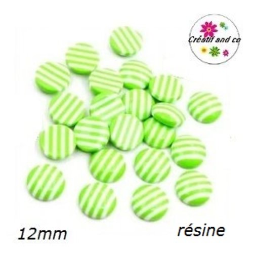 X2 cabochons rayés verts/blancs résine 12mm