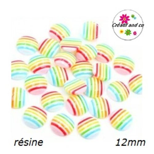 X2 cabochons rayés multicouleurs translucides résine 12mm