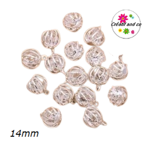 Breloque lanterne spirale argentée et cristaux 14mm
