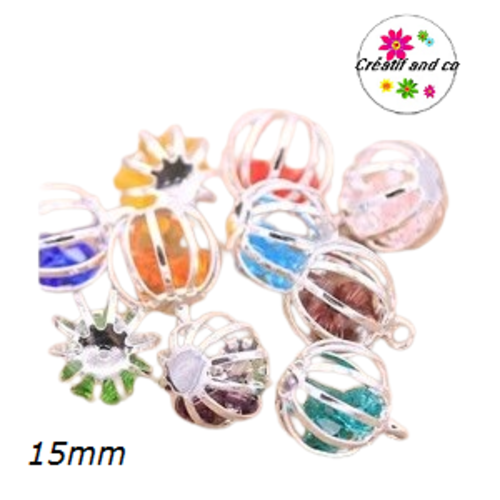 Breloque lanterne spirale métal argenté et cristaux couleur 13x15mm