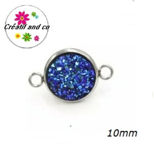 Connecteur acier inoxydable cabochon effet druzy noir bleuté 10mm