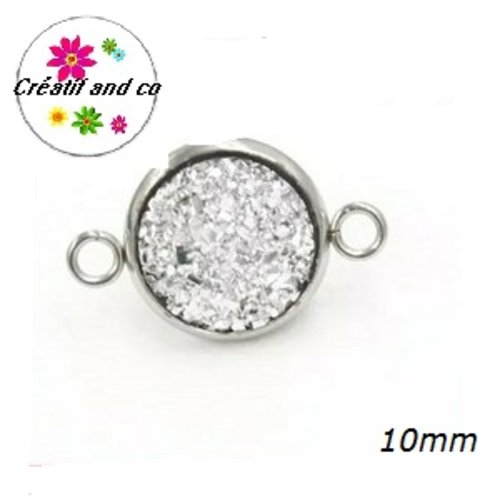 Connecteur acier inoxydable cabochon effet druzy argent 10mm