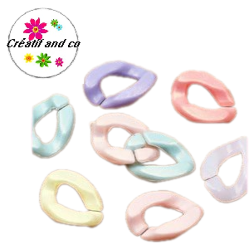 X10 anneaux mailles ouverts torsadés acrylique saumon/blanc/rose/parme  pastel 16x11,5mm