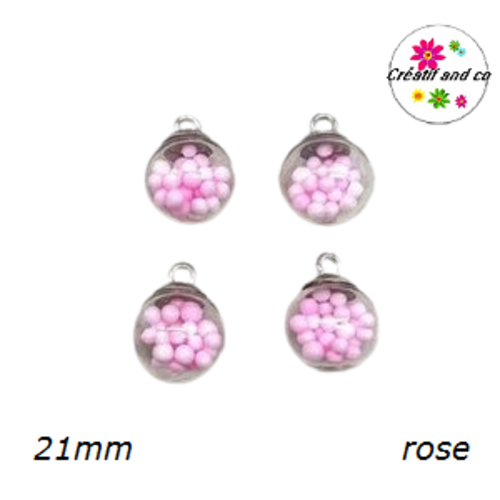 Pendentif boule de verre et bille rose 21mm