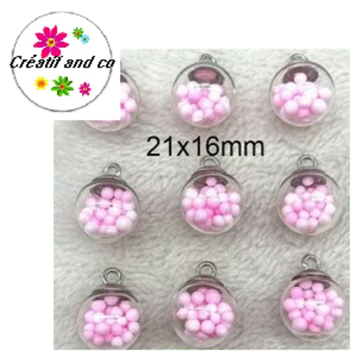 Pendentif boule de verre et bille rose 21mm
