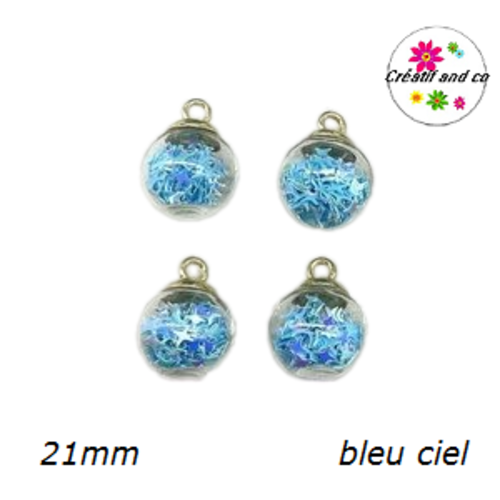 Pendentif boule de verre et étoile bleue ciel brillante  21mm