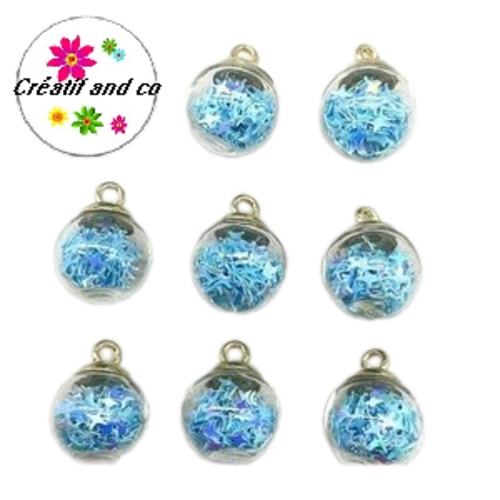 Pendentif boule de verre et étoile bleue ciel brillante  21mm