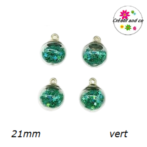 Pendentif boule de verre et étoile verte brillante  21mm