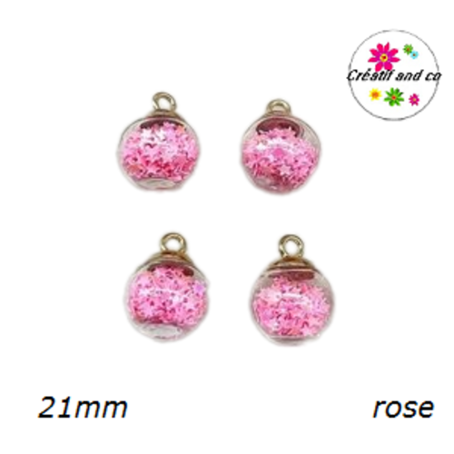 Pendentif boule de verre et étoile rose brillante  21mm