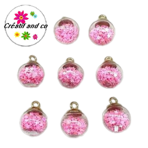 Pendentif boule de verre et étoile rose brillante  21mm