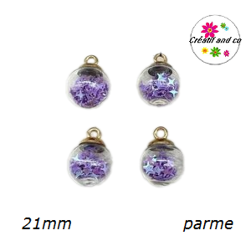 Pendentif boule de verre et étoile parme brillante 21mm