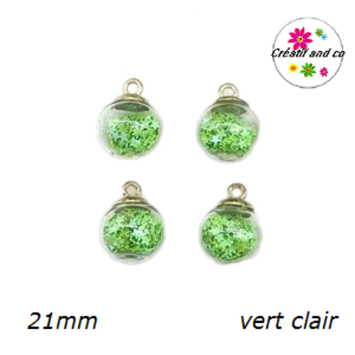 Pendentif boule de verre et étoile verte claire brillante  21mm