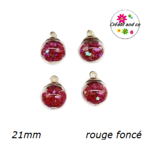 Pendentif boule de verre et étoile rouge foncé brillante  21mm