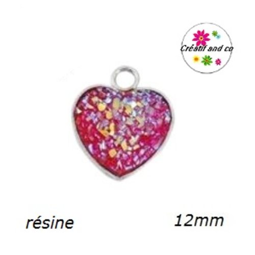 Pendentif coeur cabochon druzy fuchsia résine 12mm