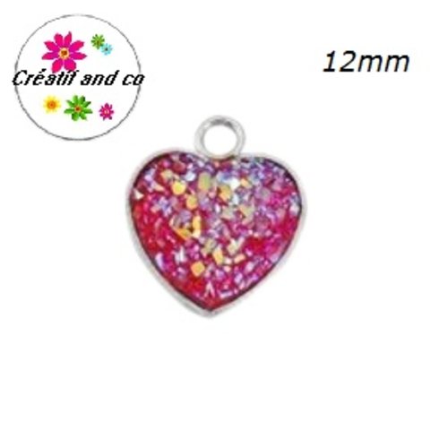 Pendentif coeur cabochon druzy fuchsia résine 12mm