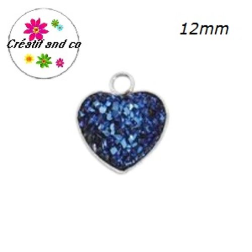 Pendentif coeur cabochon druzy noir bleuté résine 12mm