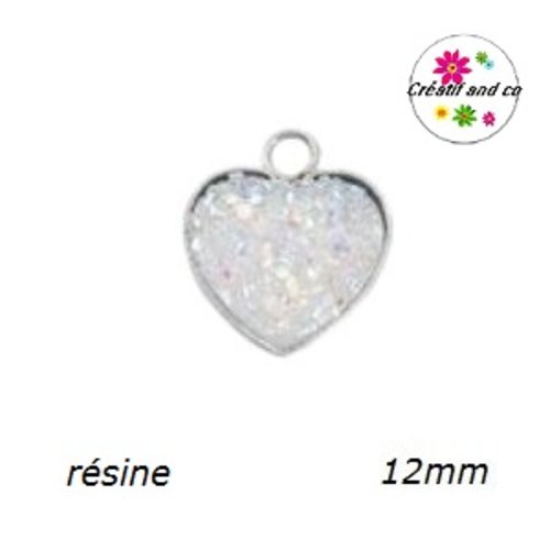 Pendentif coeur cabochon druzy blanc résine 12mm