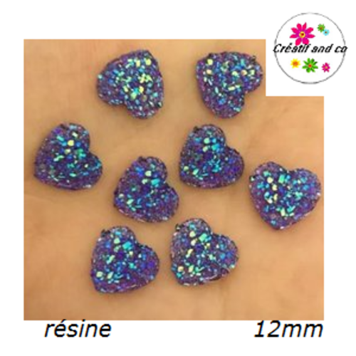 X2 cabochons coeur effet druzy mauve résine 12mm
