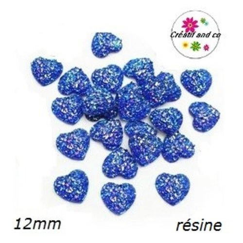 X2 cabochons coeur effet druzy bleu roi résine 12mm