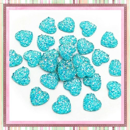 X2 cabochons coeur effet druzy turquoise résine 12mm
