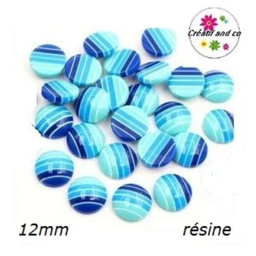 X2 cabochons rayés ton bleu résine 12mm