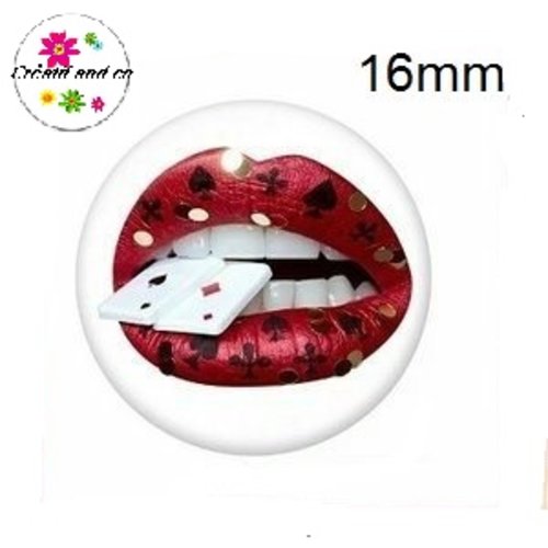 X2 cabochons kiss rouge carte à jouer 16mm