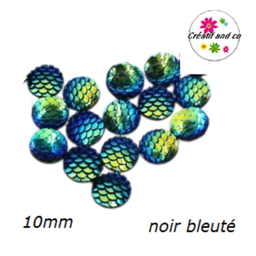 X2 cabochons écaille noir bleuté résine 10mm
