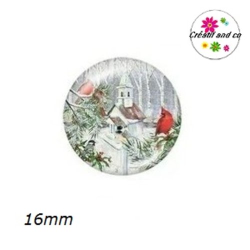 X2 cabochons oiseau et paysage enneigé 16mm