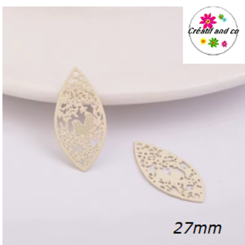 Breloque estampe ovale motif oiseau beige  27mm