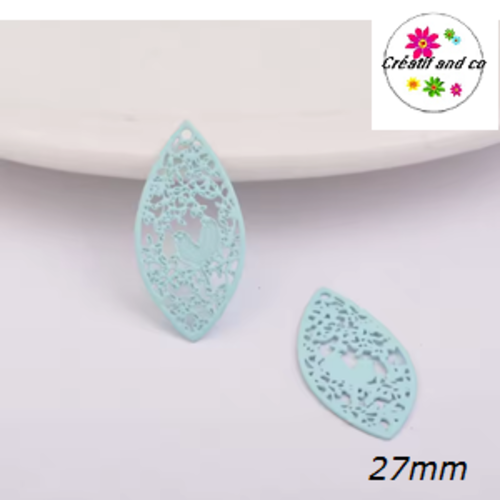 Breloque estampe ovale motif oiseau bleu clair  27mm