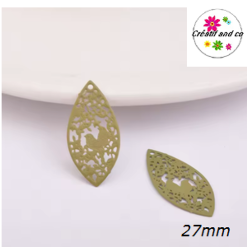 Breloque estampe ovale motif oiseau kaki  27mm