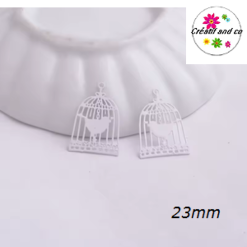 Breloque estampe cage et son oiseau blanche 23mm