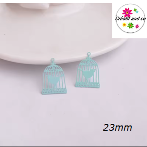 Breloque estampe cage et son oiseau bleue ciel 23mm