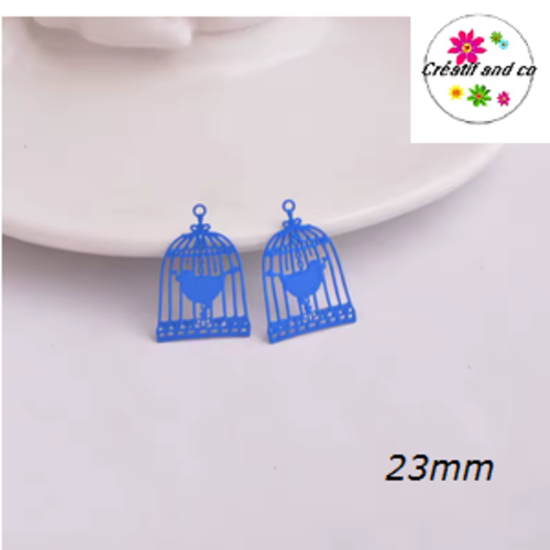 Breloque estampe cage et son oiseau bleue roi  23mm