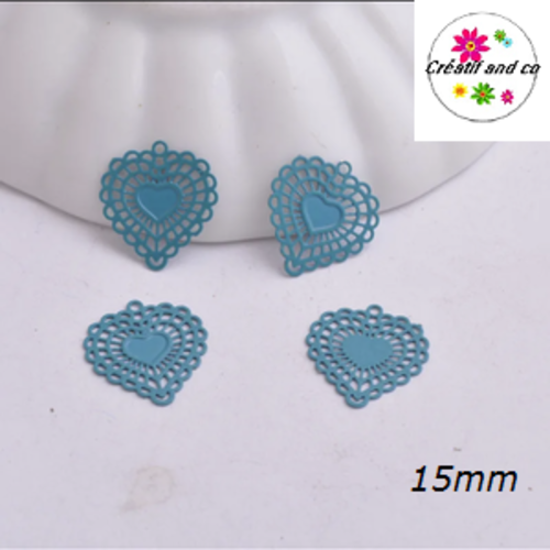 Breloque estampe petit coeur bleu canard 15mm