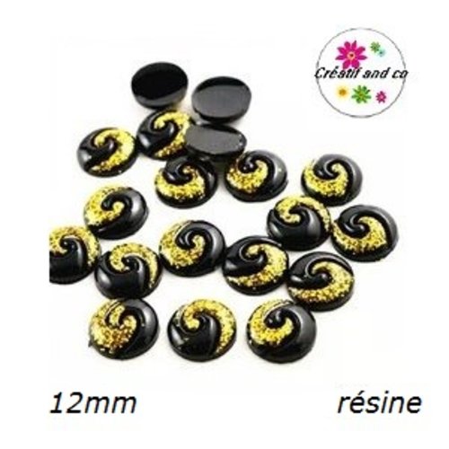 X2 cabochons noirs et dorés résine 12mm