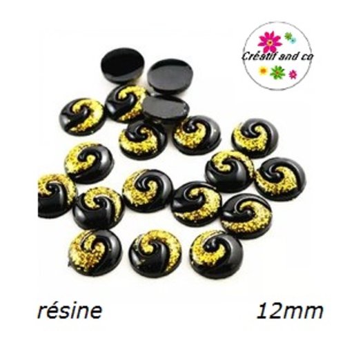 X2 cabochons noir/or résine 12mm