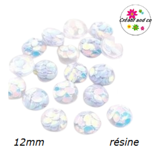 X2 cabochons translucides blancs avec inclusion grain de riz résine 12mm
