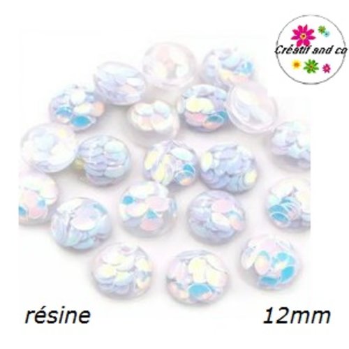 X2 cabochons dôme translucide blanc avec inclusion grain de riz résine 12mm