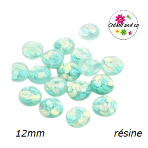 X2 cabochons  translucides vert d'eau avec inclusion grain de riz résine 12mm